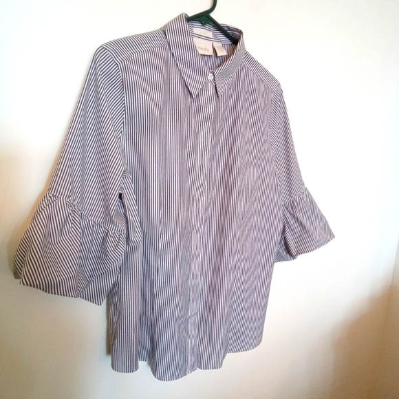 Chico's Striped Cotton Button Up Shirt with Sleeve Detail - Picture 3 of 8